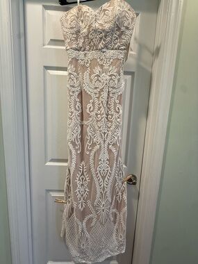 Lulu's Strapless Nude Dress with White Embroidered Lace